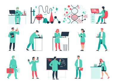 Bilimsel laboratuvar düz simgeleri bilim adamları ve araştırmacılar tarafından izole edilmiş vektör illüstrasyonu