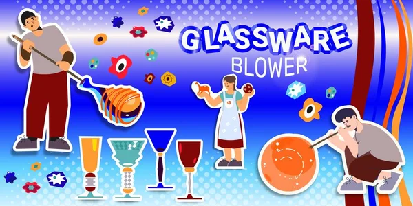 Glassware Blower Αγορά Επίπεδη Σύνθεση Κολάζ Αυτοκόλλητα Στυλ Doodle Κείμενο — Διανυσματικό Αρχείο