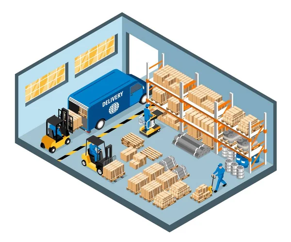 Interior Armazém Isométrico Com Trabalhadores Carregando Caixas Com Empilhadeiras Ilustração —  Vetores de Stock