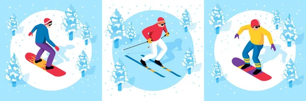 等距滑雪场概念设置与运动员滑雪和滑雪板隔离病媒说明 — 图库矢量图片