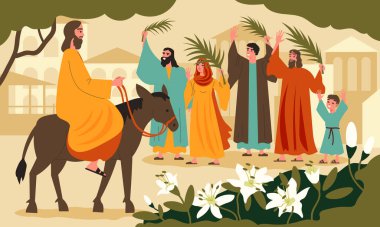 Paskalya ve Palm Sunday düz konsepti. İsa 'nın eşşek vektör illüstrasyonuyla Kudüs' e girmesi.