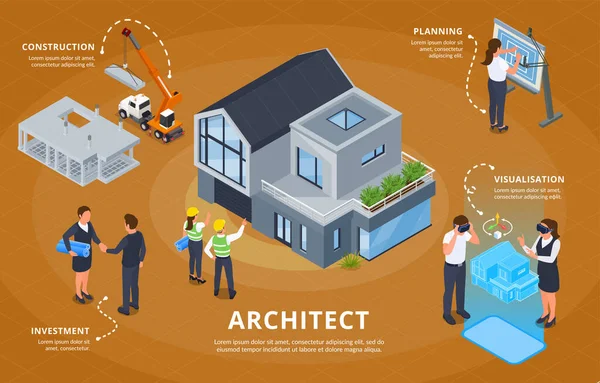 Architect Bouwkundig Ingenieur Isometrische Achtergrond Met Bewerkbare Tekst Samenstellingen Van — Stockvector