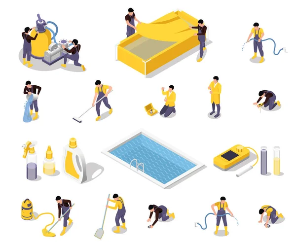 Set Isolated Swimming Pool Maintenance Service Isomeric Icons Human Characters — Stock Vector