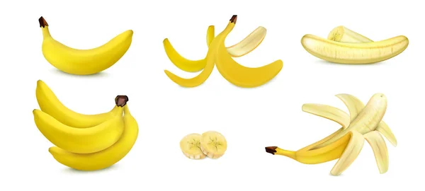 Банановый Реалистичный Набор Изолированными Очищенными Неочищенными Фруктами Векторной Иллюстрацией Ломтиками — стоковый вектор