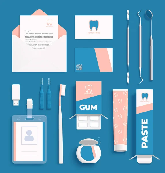 現実的な歯科機器の文房具やアクセサリーのベクトルイラストのコーポレートアイデンティティのロゴと青の背景 — ストックベクタ