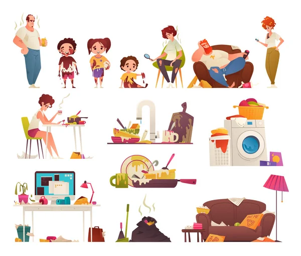 Dirty Household Cartoon Icons Set Messy Clothes Dishes Kids Isolated — Stock Vector