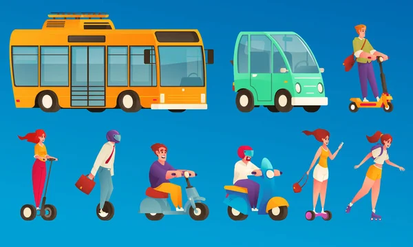 Eco Transport Cartoon Symbole Mit Elektro Bus Roller Und Fahrräder — Stockvektor