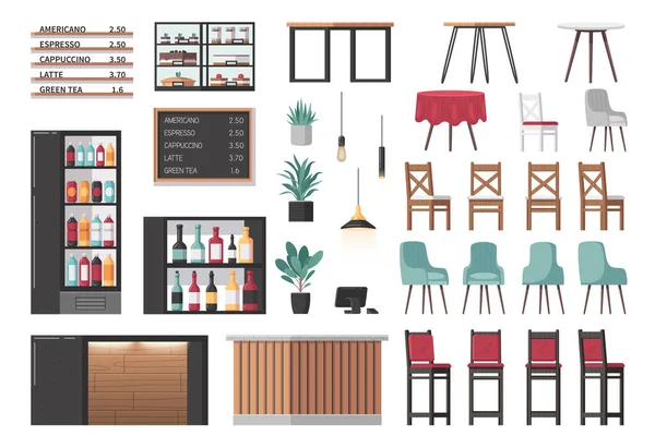 Restaurante Interior Constructor Iconos Dibujos Animados Conjunto Con Muebles Bar — Vector de stock