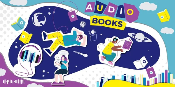 Livros Áudio Cortar Colagem Papel Com Jovens Ouvindo Audiolivros Digitais — Vetor de Stock