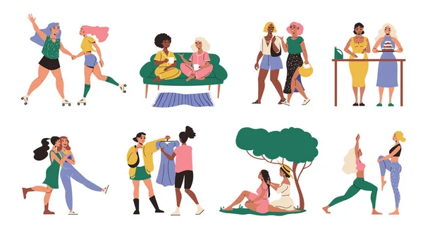 Weibliche Freunde Cartoon Kompositionen Mit Mädchen Paare Entspannen Freien Kochen — Stockvektor