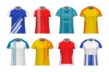 İzole edilmiş gerçekçi futbol forması modelleme simgeleri ile izole edilmiş spor üniforması üst vektör illüstrasyonları ile set