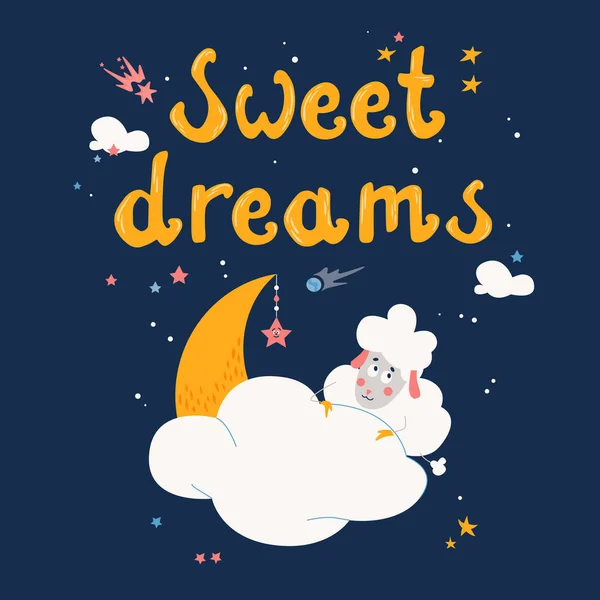 Sweet Dreams Postcard Cartoon Moon Cute Sheep Vector Illustration — Stock Vector