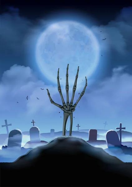Halloween Táj Reális Függőleges Kompozíció Éjszakai Temető Táj Csontváz Kéz — Stock Vector