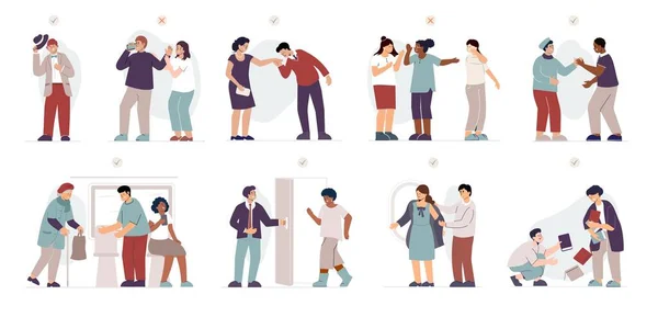 Etiqueta Social Conjunto Plano Personas Bien Educadas Que Observan Delicadeza — Vector de stock