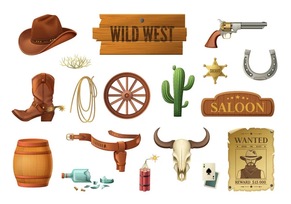 Wild West Szimbólumok Rajzfilm Készlet Cowboy Kalap Kézifegyver Kaktusz Dinamit — Stock Vector