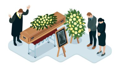 Tabut çelenk portresi ve yaslı akrabaları olan 3d izometrik vektör illüstrasyonunun yanında cenaze töreni düzenleniyor.