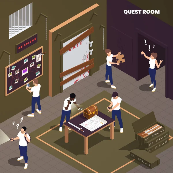 Escape Room Quest Concept People Solving Different Treasure Hunt Puzzles —  Vetores de Stock