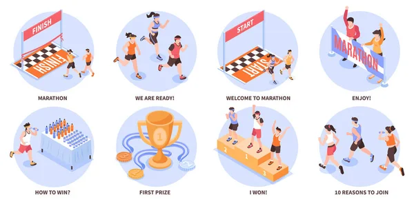Isométrico Conjunto Composición Maratón Con Personas Corriendo Ilustración Vectorial Aislado — Vector de stock