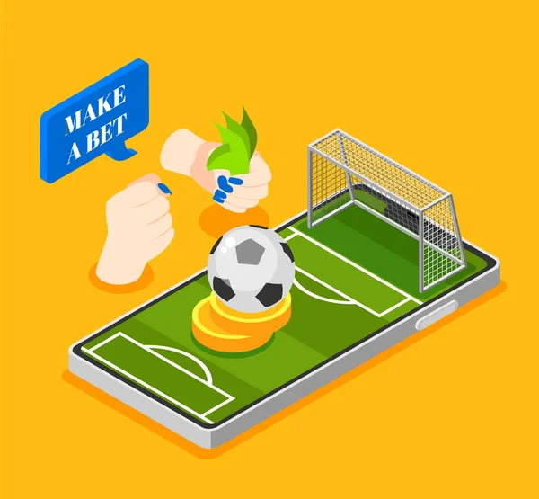 Sportwetten Isometrischer Hintergrund Mit Fußballfeld Und Smartphone Vektorillustration — Stockvektor