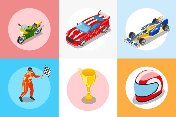 Kare Yuvarlak Yarış Izometrik Kompozisyonları Ile Set Spor Arabalar Kupa — Stok Vektör