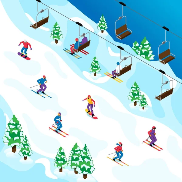 Isometrische Skigebied Concept Met Sporters Berg Vector Illustratie — Stockvector