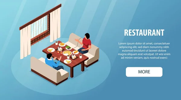 Concept Restaurant Isométrique Avec Homme Femme Dîner Assis Table Bois — Image vectorielle