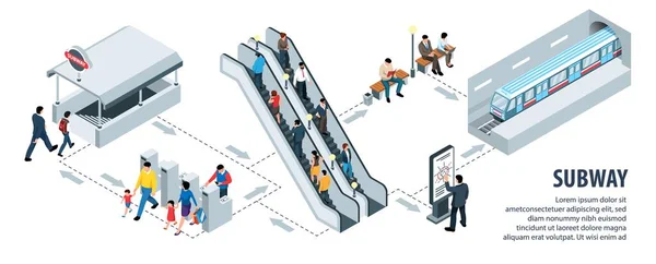 Isometrische Metroinfographics Met Illustratie Van Vector Ondergrondse Passagiersroutes — Stockvector