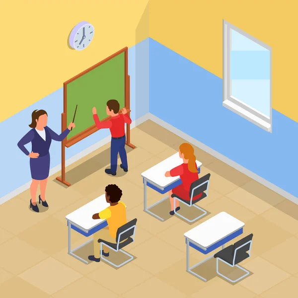 Regreso Escuela Composición Isométrica Con Vista Interior Del Aula Con — Vector de stock