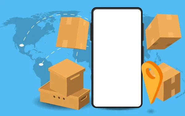 Boxy Složení Světovou Mapou Pozadí Přerušované Trasy Balíčkové Krabice Smartphone — Stockový vektor