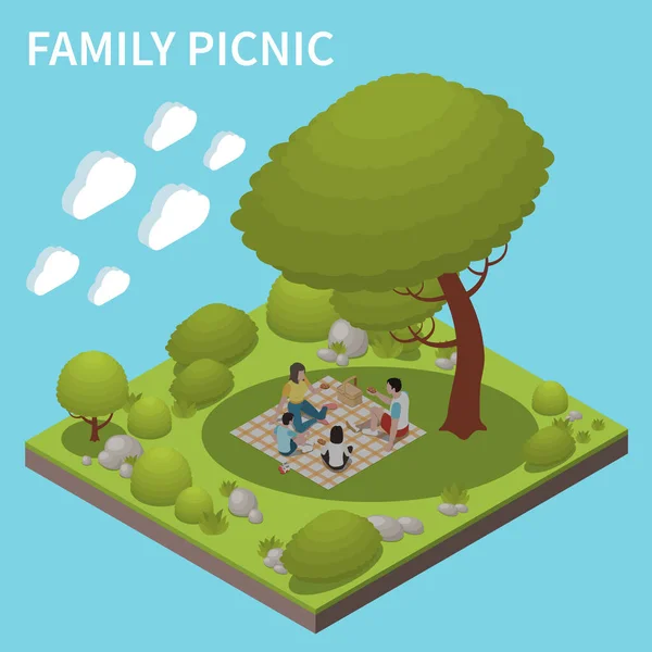 Piknik Keluarga Dengan Latar Belakang Isometrik Luar Ruangan Dengan Karakter - Stok Vektor
