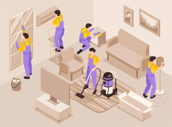 男性がリビングルームで修理や家事を行うと男性と1時間の背景のための等式夫3Dベクトルイラスト — ストックベクタ