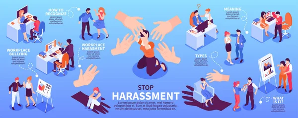 Izometrická Horizontální Infografika Popisující Sexuální Obtěžování Šikanu Pracovišti Ženami Muži — Stockový vektor