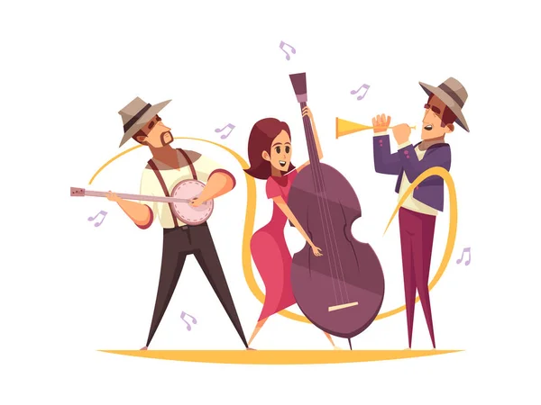 Banda Jazz Dos Desenhos Animados Tocando Palco Com Instrumentos Musicais — Vetor de Stock
