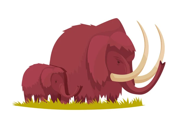 Cartone Animato Mammut Adulti Bambini Erba Verde Vettoriale Illustrazione — Vettoriale Stock