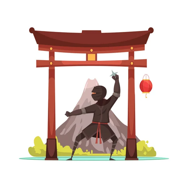 Ancient Warriors Flat Concept Japanese Ninja Cartoon Vector Illustration — Stock Vector