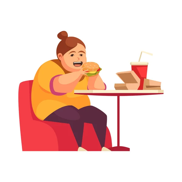 在咖啡店里吃垃圾食品的超重女性的暴食扁平概念 — 图库矢量图片