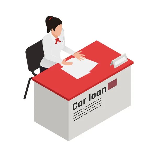 Carro Concessionária Ícone Isométrico Empréstimo Com Trabalhador Feminino Vetor Ilustração —  Vetores de Stock