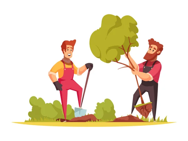 Composición Dibujos Animados Horticultura Con Hombres Felices Plantando Árbol Ilustración — Vector de stock