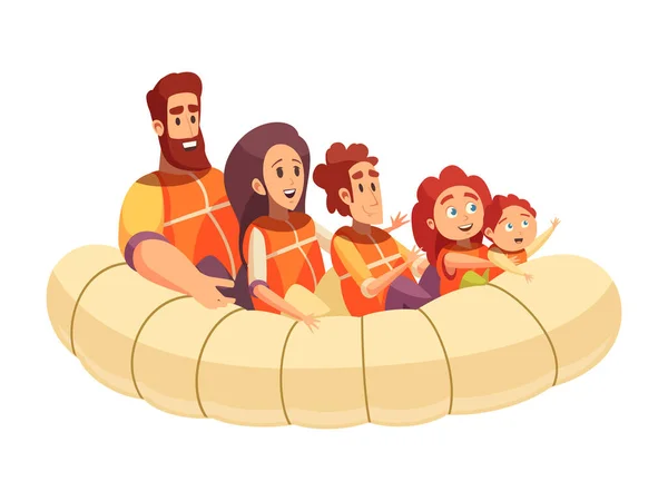 Happy Famille Passer Des Vacances Actives Rafting Sur Bateau Gonflable — Image vectorielle