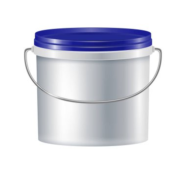 Mavi kapaklı plastik kova ve metal kabzalı gerçekçi vektör çizimi