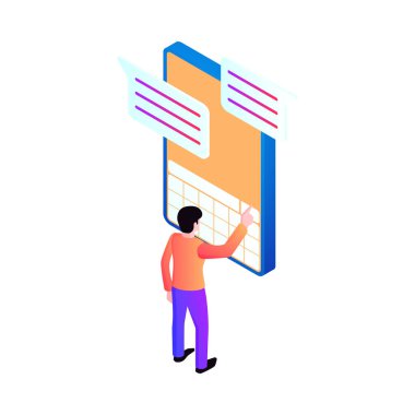 Akıllı telefon 3d vektör illüstrasyonunu kullanan bir adamla Isome aygıt arayüzü simgesi