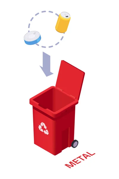 Müllrecycling Symbol Mit Roter Tonne Für Metallabfälle Isometrische Vektorillustration — Stockvektor