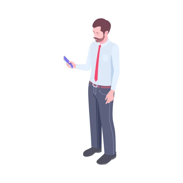 Isometric Człowiek Biurze Nosić Przy Użyciu Smartfona Wektor Ilustracji — Wektor stockowy