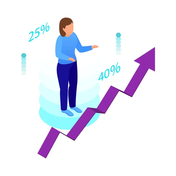 Isometric Glowing Business Analytics Icon Growing Financial Chart Human Character — Stock Vector