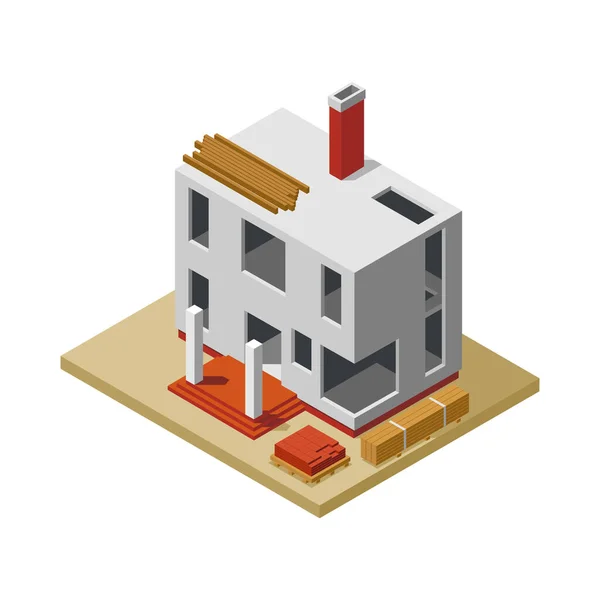 Φάση Κατασκευής Ιδιωτικής Κατοικίας Ισομετρική Εικόνα Ημιτελές Κτίριο Και Υλικά — Διανυσματικό Αρχείο