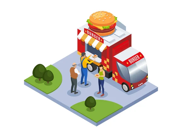 Mensen Kopen Hamburgers Straat Fast Food Truck Isometrische Samenstelling Vector — Stockvector