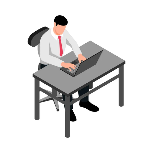 オフィスの3Dベクトル図でラップトップ上で作業ビジネスマンの等価性顔文字 — ストックベクタ