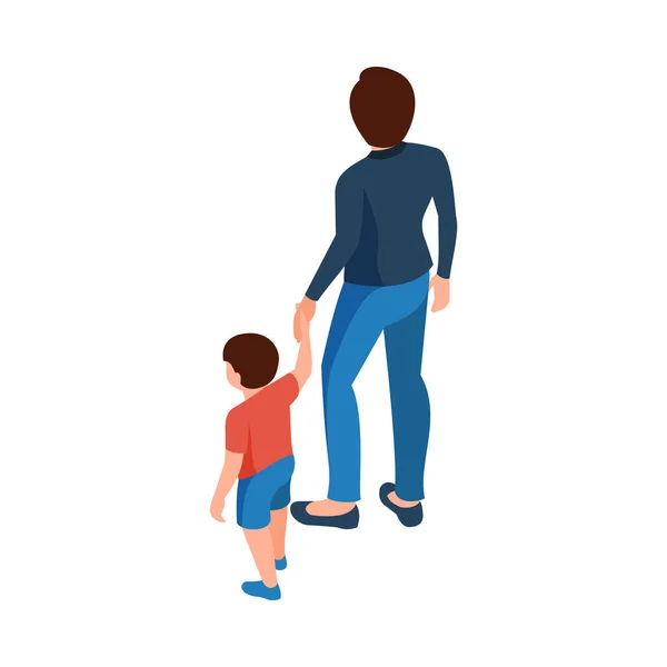 Isometric Mum Little Son Holding Hands Back View Vector Illustration — Stock Vector