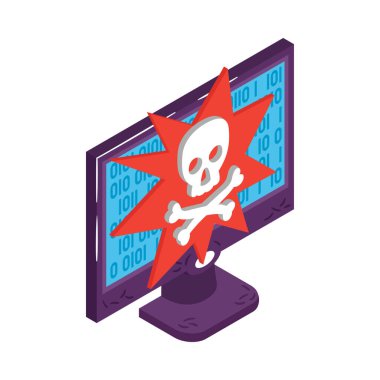 Isometric siber saldırı bilgisayar ekranında kafatası sembollü ikon hack 'leme 3d vektör illüstrasyonu