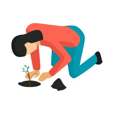 Isometric kadın bahçıvan ağaç dikme 3d vektör illüstrasyon